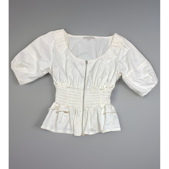 Allsaints‎ Elektra Zip Front Top Women's Size 6 Puff Sleeve Smocked Waist White - Picture 8 of 8